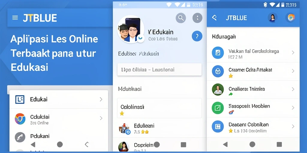 Antarmuka aplikasi JTBLUE yang modern untuk Les Online.
