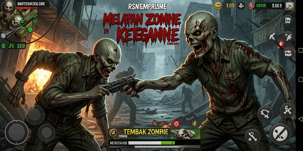 Tampilan antarmuka RSNGAME dalam aksi melawan zombie yang menakutkan.
