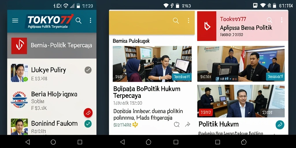 Tampilan antarmuka utama TOKYO77 dengan berbagai berita politik dan hukum.